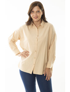 Şans Women's Plus Size Beige Shirt with Front Buttons and Long Sleeves
