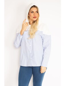 Şans Women's Plus Size Blue Front Buttons Hooded Sports Shirt Tunic