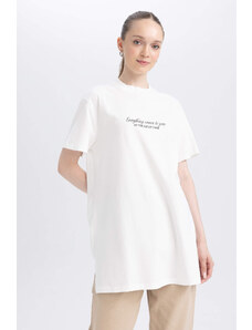 DEFACTO Regular Fit Crew Neck Slogan Short Sleeve Tunic