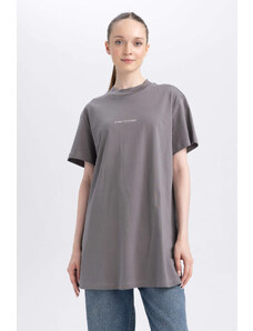 DEFACTO Regular Fit Crew Neck Slogan Short Sleeve Tunic