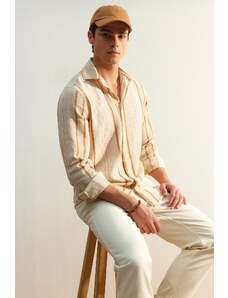 Trendyol Limited Edition Camel Regular Fit Striped Linen Textured Shirt
