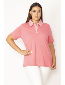 Şans Women's Plus Size Pink Cotton Fabric Polo Neck Front Buttoned Blouse