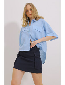 Trend Alaçatı Stili Women's Blue Double Pocket Half Sleeve Linen Shirt