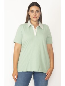 Şans Women's Plus Size Green Cotton Fabric Polo Neck Blouse with Popsicle