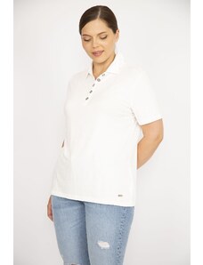 Şans Women's Bone Plus Size Polo Neck Front Pat Buttoned Camisole Fabric Short Sleeve Blouse
