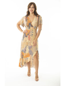 Şans Women's Plus Size Multicolored Wrapover Collar Dress with Flounces around the Skirt