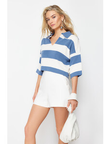 Trendyol Indigo Crop Polo Neck Basic Striped Knitwear T-Shirt