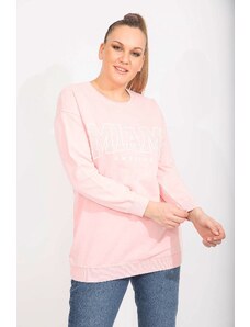 Şans Women's Plus Size Pink Cotton Sweatshirt with Stones And Print Detail