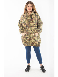 Şans Women's Plus Size Khaki Casual Fit Camouflage Patterned Hooded Kangaroo Pocket Long Sweatshirt