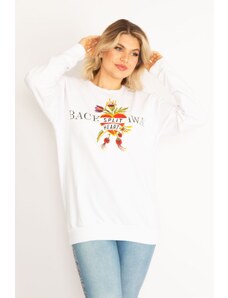 Şans Women's Plus Size White Embroidery Detail 3-Threads Sweatshirt with Rayons 65n2234