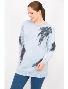 Şans Women's Blue Large Size Sequin Detailed Sweatshirt