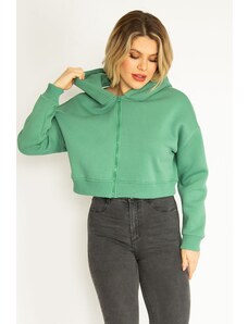 Şans Women's Plus Size Green 3 Thread Fleece Front Zipper Hooded Sweatshirt