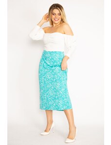 Şans Women's Large Size Green Elastic Waist Lycra Viscose Skirt
