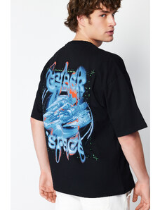 Trendyol Black Oversize/Wide Cut Back Space Printed 100% Cotton T-shirt