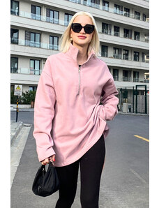 Madmext Pale Pink Zipper Collar Slit Sweatshirt