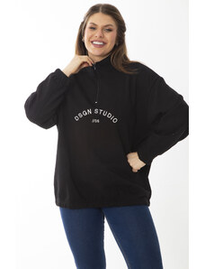 Şans Women's Plus Size Black Inset Sweatshirt with Zipper and Embroidery Detail on the Front Paillette