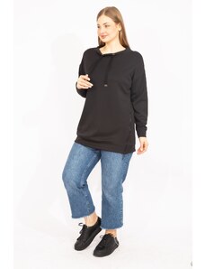 Şans Women's Black Plus Size Sweatshirt with Side Zipper Slits and Eyelets Detail