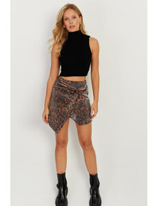 Cool & Sexy Women's Camel-Black Front Knotted Mini Leopard Skirt NH89