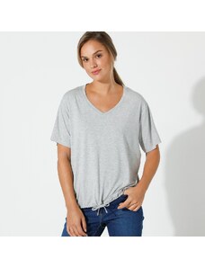 Blancheporte Jednobarevné tričko s výstřihem do "V" a šňůrkou na stažení šedý melír 34/36