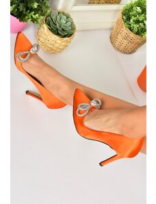 Fox Shoes Orange Satin Fabric Stoned Women's Stiletto