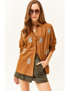 Olalook Women's Brown Sequin Detailed Woven Boyfriend Shirt