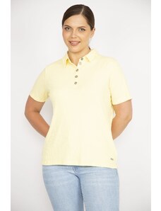 Şans Women's Yellow Plus Size Polo Neck Front Pat Buttoned Camisole Fabric Short Sleeve Plus Size Blouse