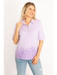 Şans Women's Plus Size Lilac Polo Collar and Pop Button-Collar Glitter And Stone Detailed Blouse