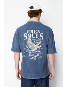 Trendyol Indigo Oversize/Wide Cut Pale Effect Eagle-Write Print 100% Cotton T-Shirt