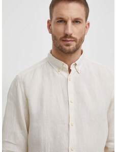 Lněná košile BOSS béžová barva, regular, s límečkem button-down