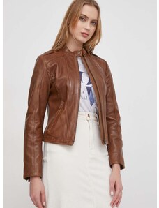 Kožená bunda Pepe Jeans dámská, hnědá barva, přechodná