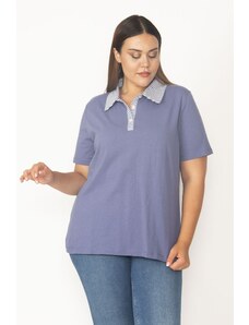 Şans Women's Plus Size Indigo Cotton Fabric Polo Shirt with Collar and Button Down