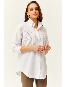 Olalook Women's White Pocket Staple Detailed Oversize Shirt