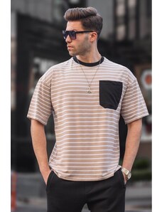 Madmext Men's Beige Striped Basic T-Shirt 6084