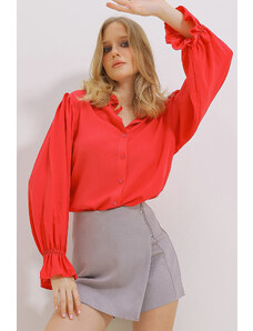 Trend Alaçatı Stili Women's Fuchsia Flounce Sleeves Viscon Woven Shirt
