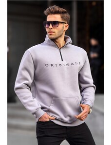 Madmext Dyed Gray Zipper Collar Embroidered Sweatshirt 6028