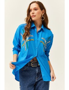 Olalook Women's Saxe Blue Color Sequin Stick Woven Shirt