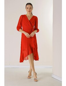 By Saygı Double Breasted Neck Skirt Flounce Waist Belted Lined Balloon Sleeve Wide Body Interval Chiffon Dress