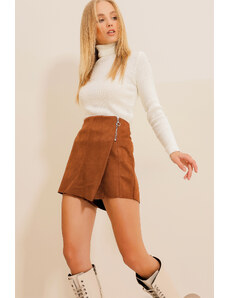 Trend Alaçatı Stili Women's Tan Zipper Detailed Suede Shorts Skirt