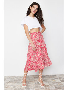 Trendyol Red Printed Gathering Detail and Flounce High Waist Elastic Knitted Skirt
