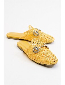 LuviShoes Noble Women's Slippers From Genuine Leather With Yellow Knitted Stones.