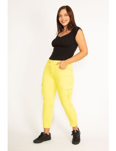 Şans Women's Large Size Yellow Leg Zippered Cargo Lycra Trousers