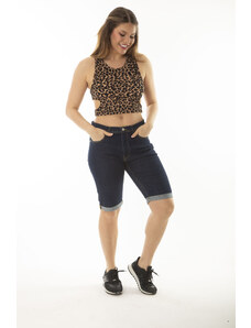 Şans Women's Plus Size Navy Blue 5-Pocket Jeans Shorts with Double Legs