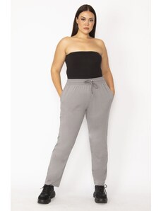 Şans Women's Plus Size Gray Sports Pants with Elastic Waist and Slip Eyelets with Pockets
