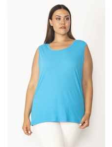 Şans Women's Plus Size Turquoise Cotton Fabric Crewneck Tank Top