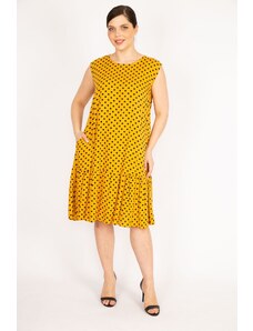 Şans Women's Yellow Plus Size Point Pattern Woven Viscose Fabric Layered Dress