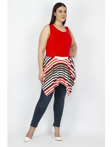 Şans Women's Plus Size Red Skirt Asymmetric Line Detailed Tunic
