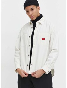 Džínová košile HUGO pánská, bílá barva, regular, s klasickým límcem, 50500199