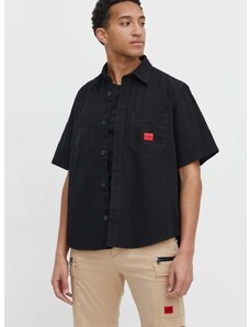 Bavlněná košile HUGO černá barva, relaxed, s klasickým límcem