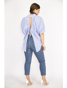 Şans Women's Plus Size Blue Shirt with a slit and laces detail at the back and front button down