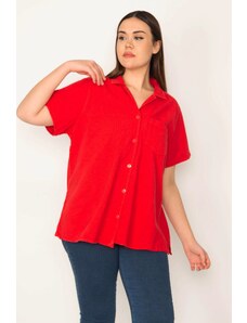 Şans Women's Plus Size Red Tops Collar Short Sleeve Shirt with Buttons